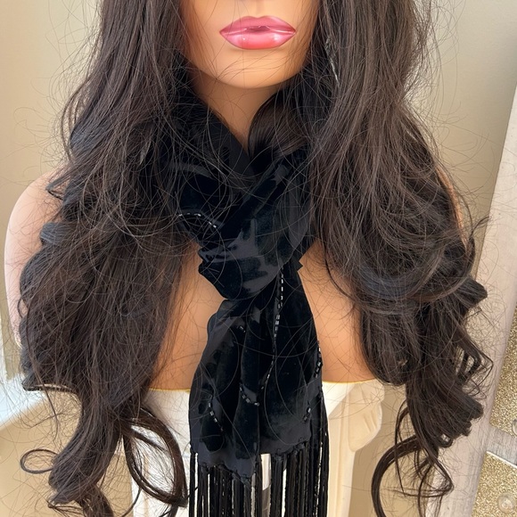 Ellen Tracy Silk and Velvet Beaded Scarf in Black - Picture 11 of 11